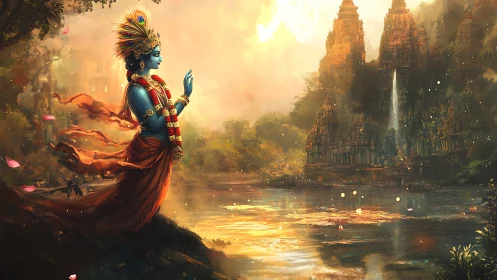 Divine blue figure prays beside a golden riverside temple