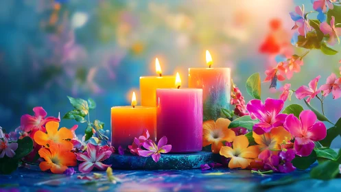 Glowing Candles Surrounded by Vibrant Blooms.