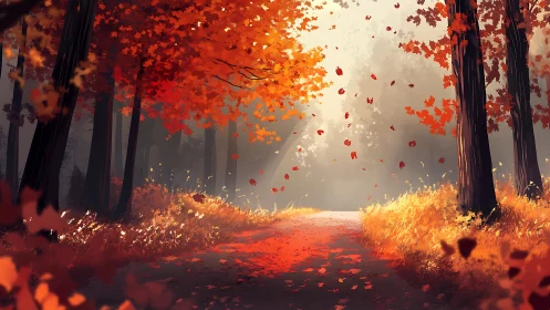 Autumn Forest Path, Golden Leaves Descent