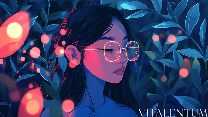 Neon-lit girl portrait with reflective glasses in foliage glow