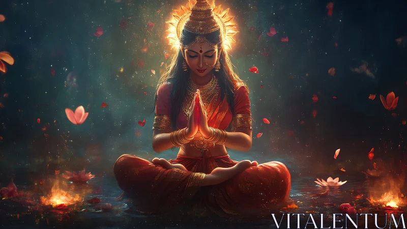 Luminous lotus goddess in tranquil firelit meditation glow.