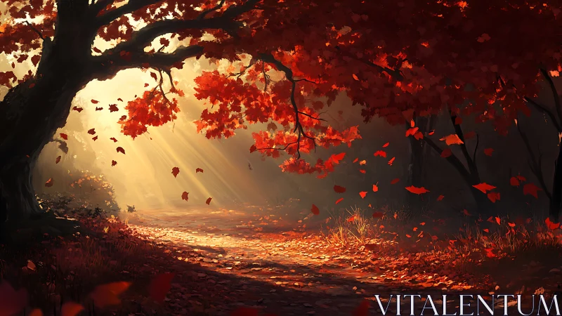 Backlit autumn forest path with volumetric light and drifting leaves
