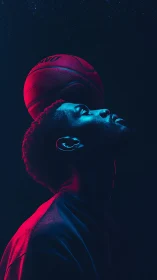Neon-lit basketball portrait under starry midnight sky.