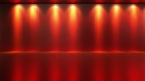 Red illuminated wall with spotlights and glossy floor.