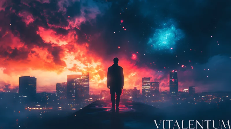 Silhouette stands before city skyline under divided sky