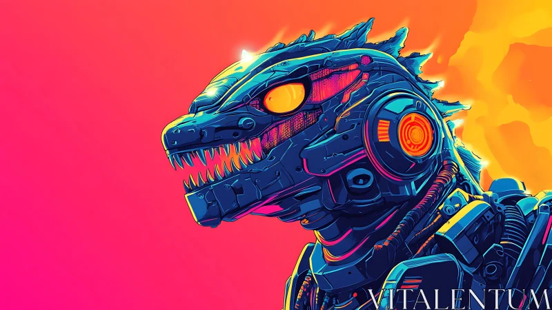 Neon mecha dragon roars against a blazing cyber sunrise.