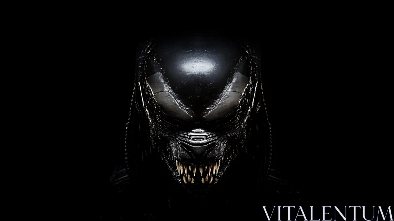 Glossy black biomechanical creature head in darkness.