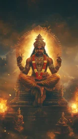 Radiant Hindu deity seated on fiery golden temple throne.