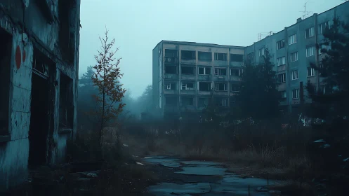 Deserted apartment blocks in fog with overgrown courtyard.