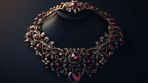 Ornate gold necklace with red gemstones on dark display.