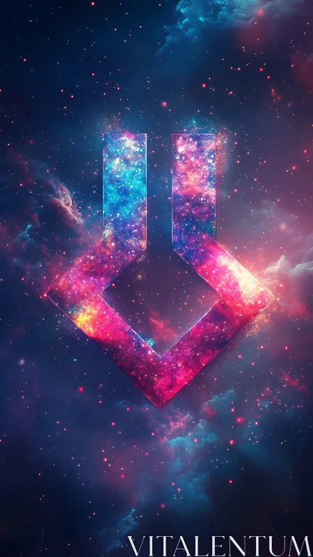 Nebula-filled geometric emblem floats in deep outer space