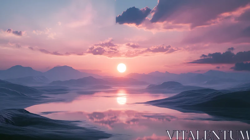 Sun sinks over mirrored pastel lake and distant hills