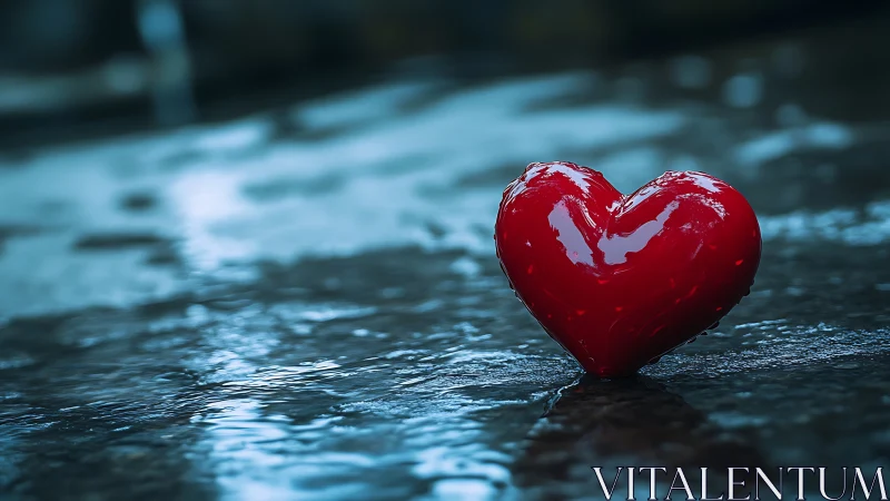 Scarlet Heart Resting on Wet Pavement with Bokeh Background.