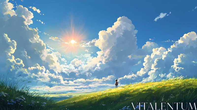 Sunlit hill and child beneath towering summer clouds.