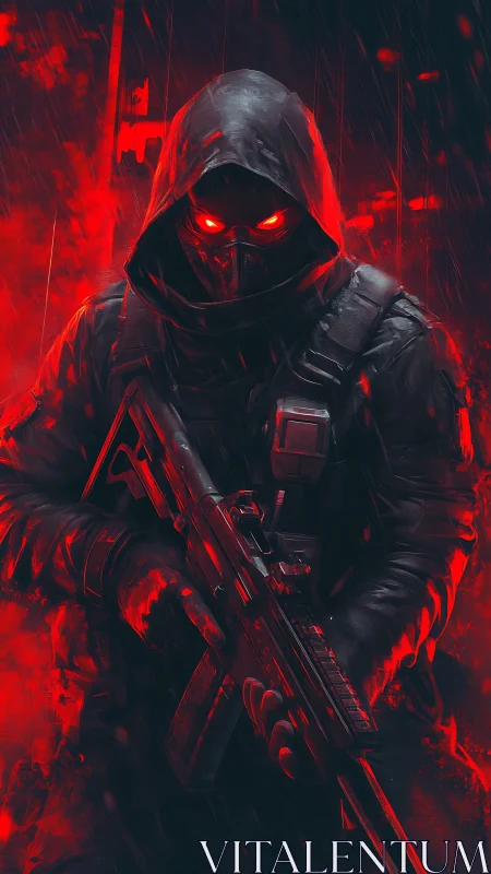 Hooded futuristic soldier stalks a neon red war zone.