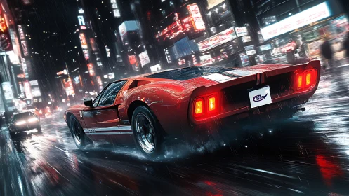 Retro red street racer slicing neon rain-soaked midnight city.