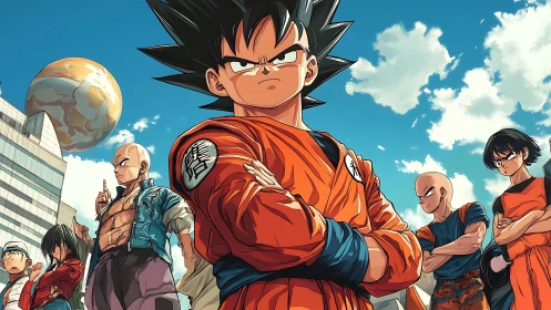 Group of anime warriors in urban setting under large planet.