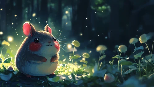 Round forest mouse sits among glowing backlit flowers