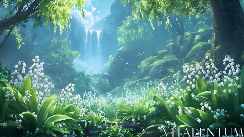 Enchanted forest valley with cascading waterfall and blooming flowers