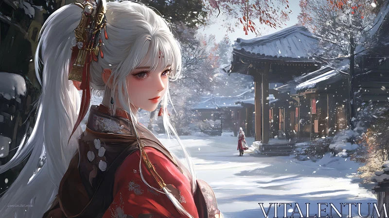 Silver haired heroine in snow covered East Asian temple street