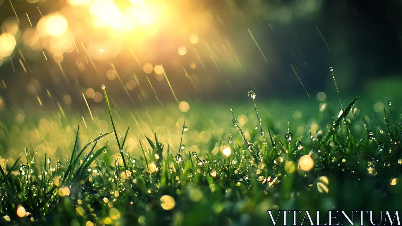 Macro rainfall on grass blades under intense backlighting.