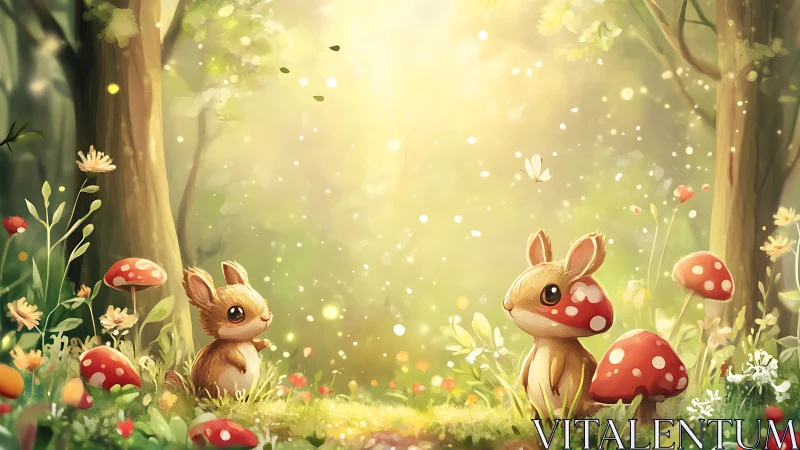 Sunlit woodland clearing with stylized rabbits and toadstools