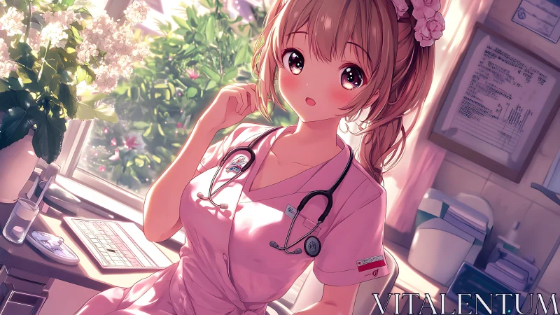 Anime nurse in sunlit clinic office with pink uniform.