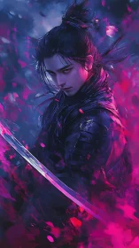 Neon samurai warrior in swirling magenta storm clouds.