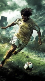 Soccer forward drives ball through storm-lit urban pitch.