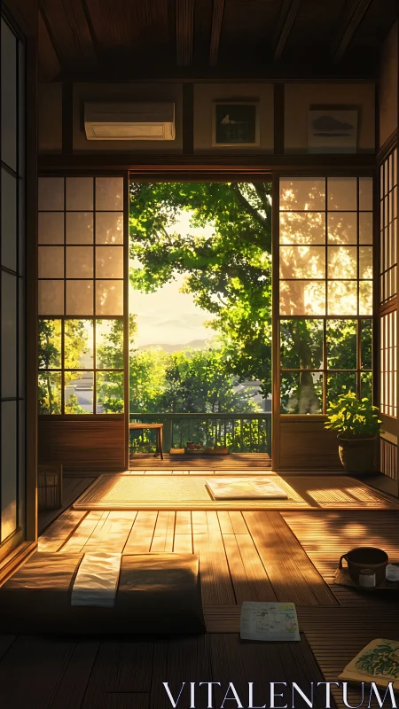 Sunlit tatami retreat opening onto a glowing green garden.