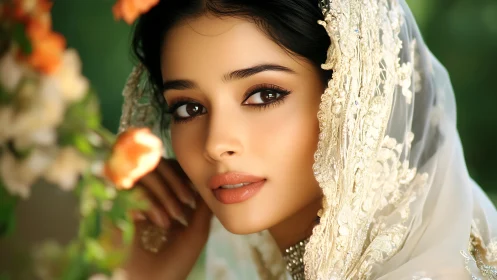 Soft gaze beneath embroidered veil in gentle garden light.