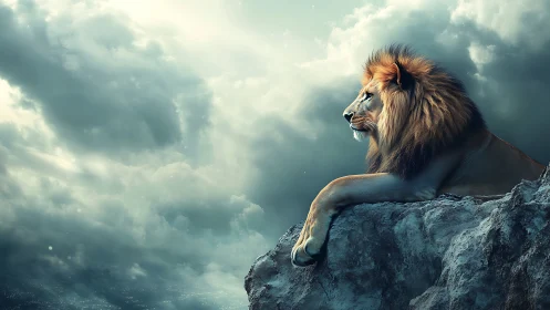 Majestic lion on stormlit cliff overlooking brooding skies.