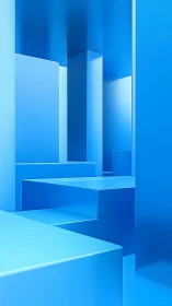 Blue geometric corridor with stacked minimalist blocks.