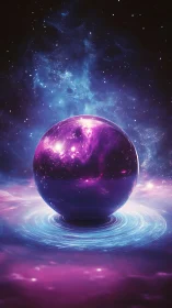 Cosmic energy sphere hovers above glowing galactic pool
