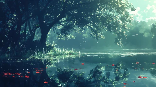 Diffuse forest light over reflective lake with drifting petals.
