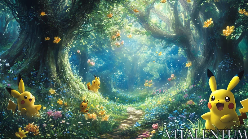 Enchanted Forest Tunnel with Pikachu Characters and Luminous Flora.