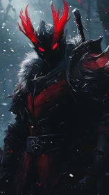 Dark infernal knight in crimson plate, cinematic digital painting.