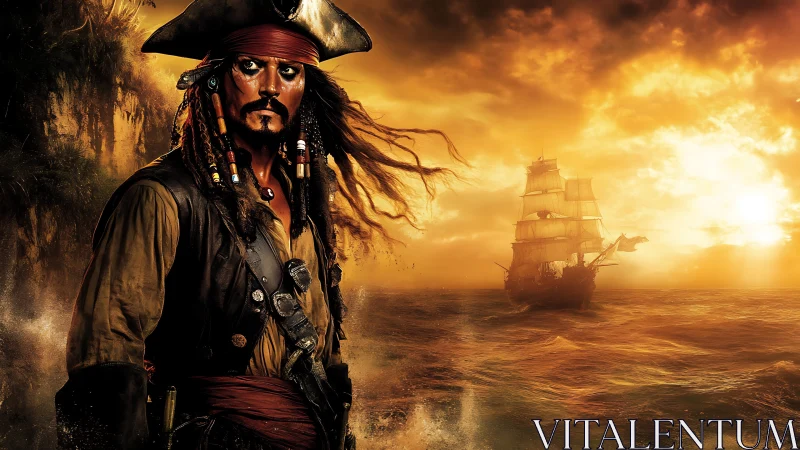 Cinematic pirate portrait with backlit galleon in golden seascape