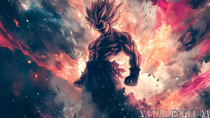 Saiyan warrior stands powered up in a cosmic energy storm.