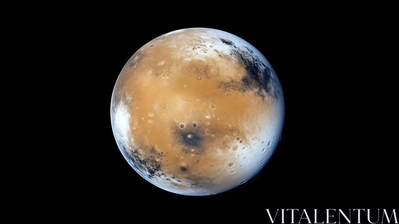 Photorealistic Mars planetary portrait with cratered basaltic terrains.