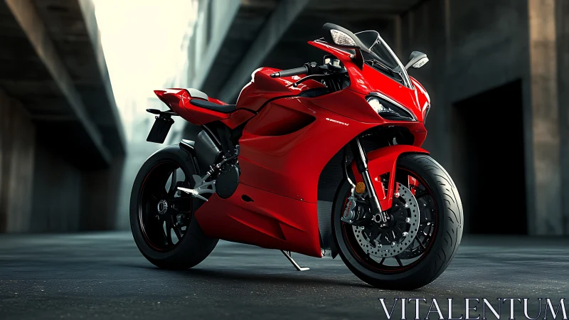 Scarlet superbike crouched like a predator in urban shadow.