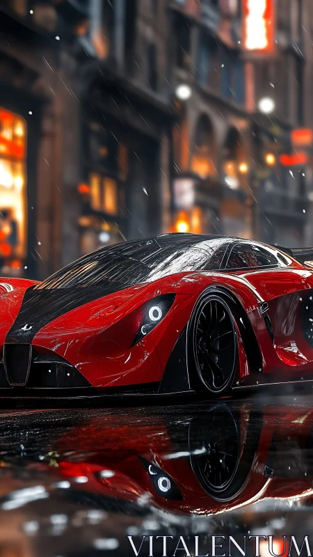 Red wet-look hypercar rendered on neon city street at night.