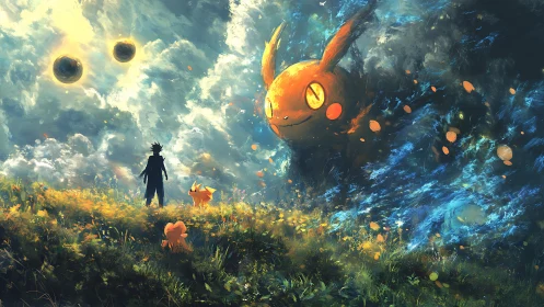 Backlit trainer confronts colossal elemental creature under twin suns