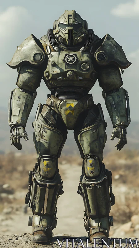 Dust-scarred wasteland titan in battered steel carapace.