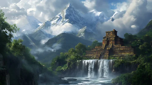Ancient jungle temple above cascading waterfall and peaks.