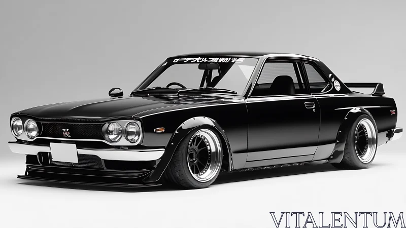 Slammed classic Nissan coupe gleams in pristine studio light.