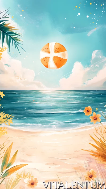 Surreal tropical shoreline with levitating segmented citrus sun