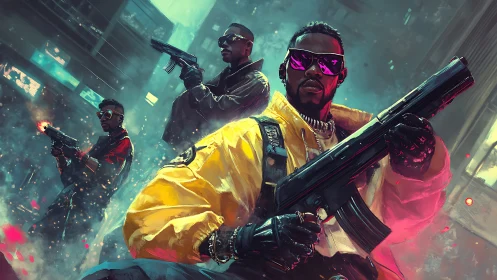 Neon gunmen stride through rain-lit cyberpunk backstreets.