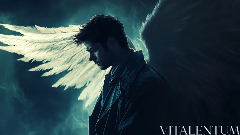 Male figure with glowing angel wings in moody side profile