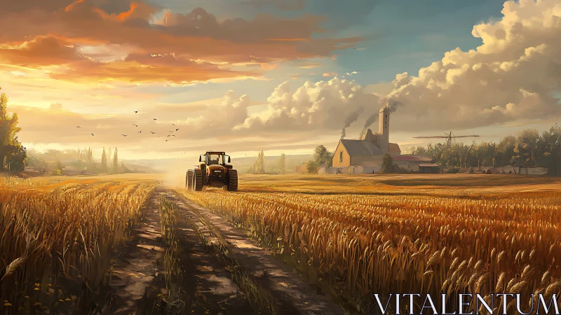 Golden-hour tractor crossing wheat fields toward millscape.
